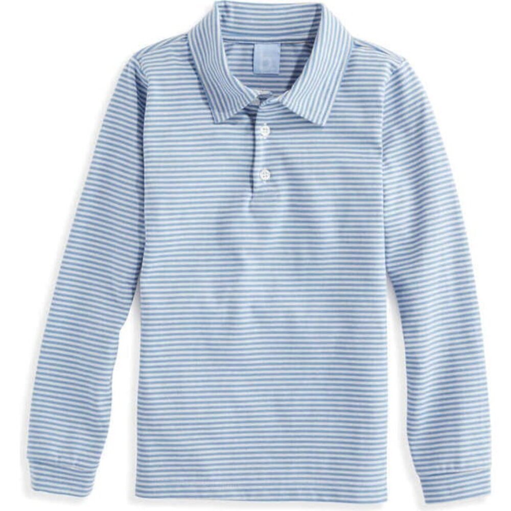 Bella bliss Striped Long Sleeve Polo Tee, Blue Grey Thin Stripe Size 14